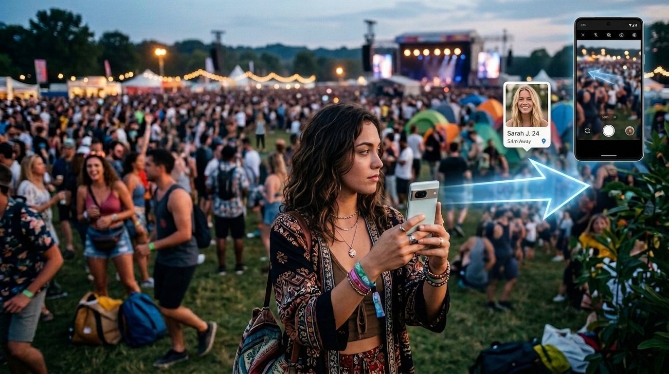 Nudgeto AR beacon pointing to a connection at a festival